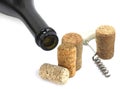 Wine bottle, wine  corkscrew and wine corks as wine still life on white background close up Royalty Free Stock Photo