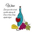 Wine bottle, wine glass, grape and cheese. Hand drawn concept.