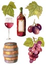 Wine bottle, wine glass, grape, grape leaves