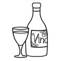 Wine bottle and wine glass outline illustration on white background