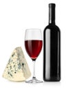 Wine bottle, wineglass and cheese Royalty Free Stock Photo