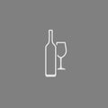 Wine bottle and wineglass white contour icon isolated on gray background