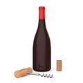 Wine Bottle, Wooden Wine Corkscrew and Cork. 3d Rendering Royalty Free Stock Photo