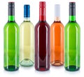 Wine bottles collection in a row white red rose green alcohol drink Royalty Free Stock Photo