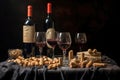 wine bottles, corks and corker on table Royalty Free Stock Photo