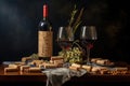 wine bottles, corks and corker on table Royalty Free Stock Photo