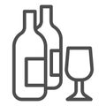 Wine bottles and glass line icon. Two alcohol drink bottle and wineglass outline style pictogram on white background