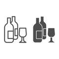 Wine bottles and glass line and solid icon. Two alcohol drink bottle and wineglass outline style pictogram on white Royalty Free Stock Photo