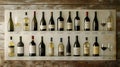 Wine bottles and glasses collection display for tasting event or cellar selection guide showcase of wines 101 Royalty Free Stock Photo