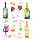 Wine bottles and glasses with drinks. Watercolor hand drawn sketch illustration set Royalty Free Stock Photo