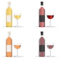 Wine bottles and glasses filled with different varieties of wine. Set of white, rose, and red wine bottles and glas. isolated on Royalty Free Stock Photo