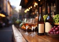 Wine bottles and glasses and grapes on large wooden table in winery vintage shop.Macro.AI Generative