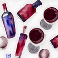 Wine bottles and wine glasses on a white