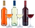 Wine bottles glasses wines red white rose alcohol isolated Royalty Free Stock Photo