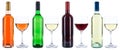 Wine bottles glasses wines red white rose isolated