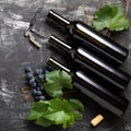 Wine bottles grapes, grape bunches with leaves and vines corkscrew wine corks on dark rustic concrete background. Wine composition Royalty Free Stock Photo