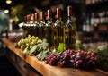 Wine bottles on large wooden table in winery vintage shop.Macro.AI Generative