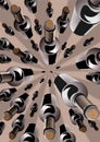 Wine bottles in an overhead converging pattern