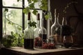 Wine bottles with red wine, red grapes and a glass with wine on a wooden table indoors. Green vines are around the window and the Royalty Free Stock Photo