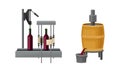Wine Bottles Sealing or Capping with Cork and Label Sticking Process on Conveyor Belt and Fermentation in Wooden Barrel