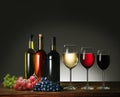 Wine bottles, wine glasses and grapes. Royalty Free Stock Photo