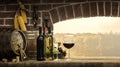 Cellar window and wine bottles