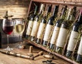 Wine bottles on the wooden shelf Royalty Free Stock Photo