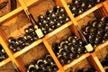 Wine bottles on wooden shelves