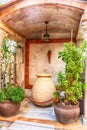 Wine bowl and clay pots with plants near the Cana greek orthodox wedding church in Cana of Galilee, Kfar Kana, Israel Royalty Free Stock Photo