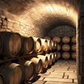 Wine casks at the winery. Excellent red wine bottles, wineglass, barrels