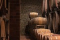 Wine casks in the winery underground storage room