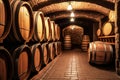 wine cellar with barrels in winery. generative AI