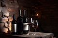 Wine cellar with wine bottle and glasses. Generative AI Royalty Free Stock Photo