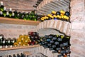 Wine cellar with bottles of different wines on wooden shelves Royalty Free Stock Photo