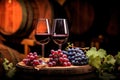 Wine Cellar Elegance Red Wine Glasses, Bottle, Grapes, and Wooden Barrel in Panoramic View with Ample Copy Space. created with Royalty Free Stock Photo