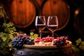 Wine Cellar Elegance Red Wine Glasses, Bottle, Grapes, and Wooden Barrel in Panoramic View with Ample Copy Space. created with Royalty Free Stock Photo