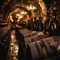 Wine cellar gathering, dimly lit ambiance, focus on aged bottles, low angle, historic charm , super detailed