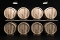 Black wine cellar, rows of wooden kegs