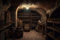 Wine cellar interior with wooden barrels. Generative AI illustration