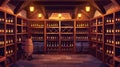 A wine cellar interior with wooden shelves and a wine rack. A food storage or store in the basement of a building with Royalty Free Stock Photo