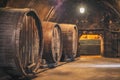 Wine cellar with old large oak barrels Royalty Free Stock Photo