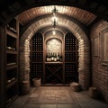 Wine Cellar, Old Winery Storage, Oak Barrels Warehouse, Vintage Bottles Basement, Generative AI Illustration Royalty Free Stock Photo