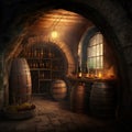 Wine Cellar, Old Winery Storage, Oak Barrels Warehouse, Vintage Bottles Basement, Generative AI Illustration Royalty Free Stock Photo