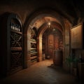 Wine Cellar, Old Winery Storage, Oak Barrels Warehouse, Vintage Bottles Basement, Generative AI Illustration Royalty Free Stock Photo