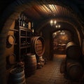 Wine Cellar, Old Winery Storage, Oak Barrels Warehouse, Vintage Bottles Basement, Generative AI Illustration Royalty Free Stock Photo