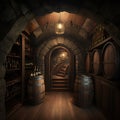 Wine Cellar, Old Winery Storage, Oak Barrels Warehouse, Vintage Bottles Basement, Generative AI Illustration Royalty Free Stock Photo