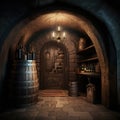 Wine Cellar, Old Winery Storage, Oak Barrels Warehouse, Vintage Bottles Basement, Generative AI Illustration Royalty Free Stock Photo