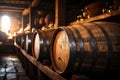 Wine cellar with old wooden barrels, dark storage of winery. Oak casks with whiskey and brandy in vintage warehouse. Concept of Royalty Free Stock Photo