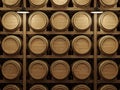 Wine cellar placed on the wooden barrel rack background 3d render Royalty Free Stock Photo