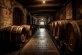 Wine cellar with a row of barrels. Generative AI